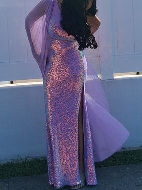 Lavender Sequin One-Shoulder Evening Gown with Sheer Cape